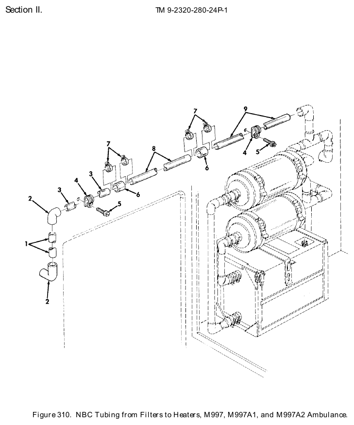 TM 9-2320-280-24P figure 310, NBC Tubing from Filters to Heaters, M997, M997A1, and M997A2 Ambulance: exploded drawing with item numbers