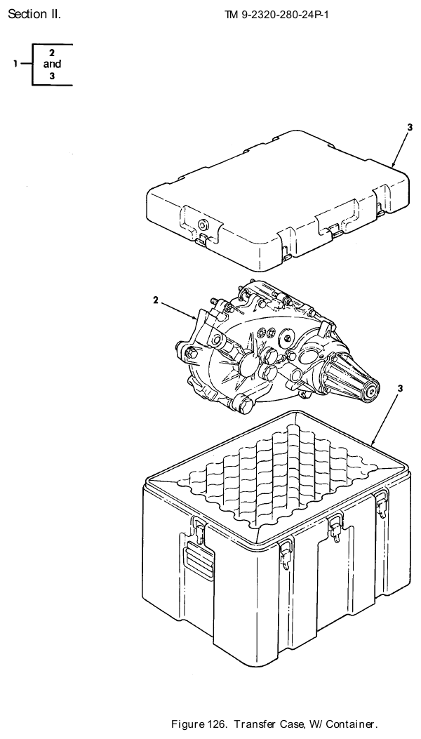 TM 9-2320-280-24P figure 126, Transfer Case, W/Container: exploded drawing with item numbers