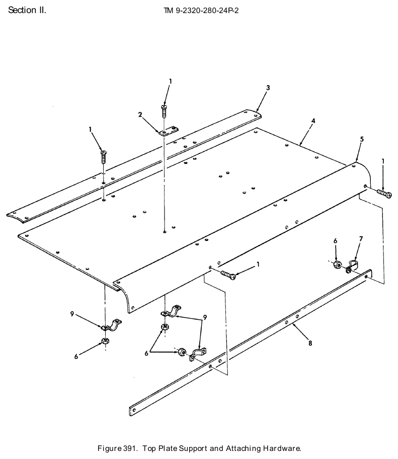 TM 9-2320-280-24P figure 391, Top Plate Support and Attaching Hardware: exploded drawing with item numbers