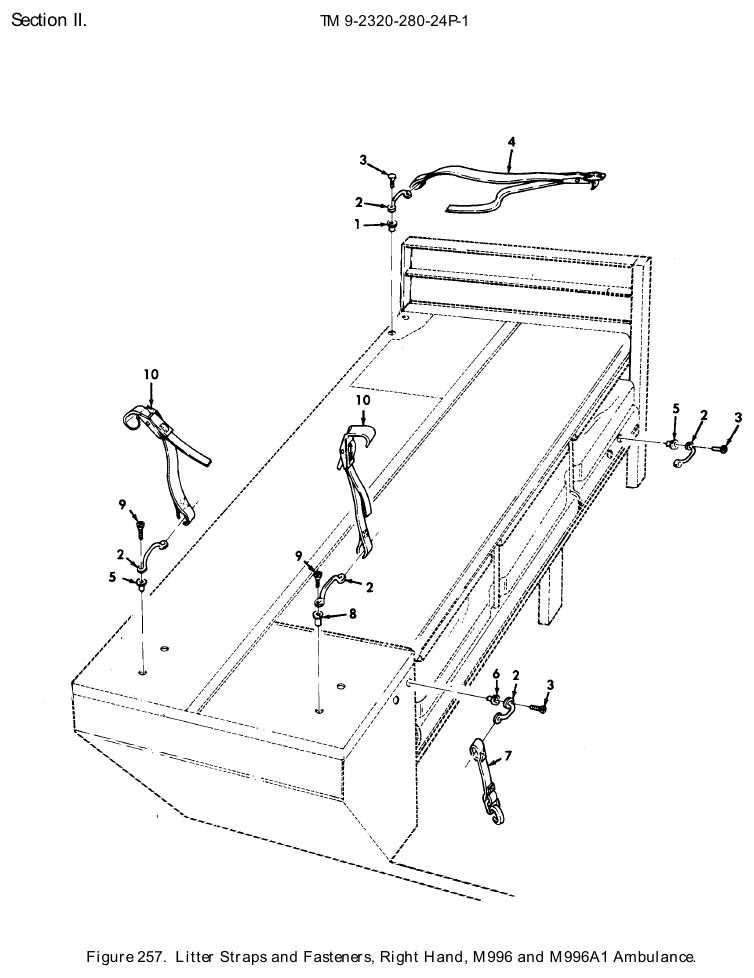 TM 9-2320-280-24P figure 257, Litter Straps and Fasteners, Right Hand, M996 and M996A1 Ambulance: exploded drawing with item numbers