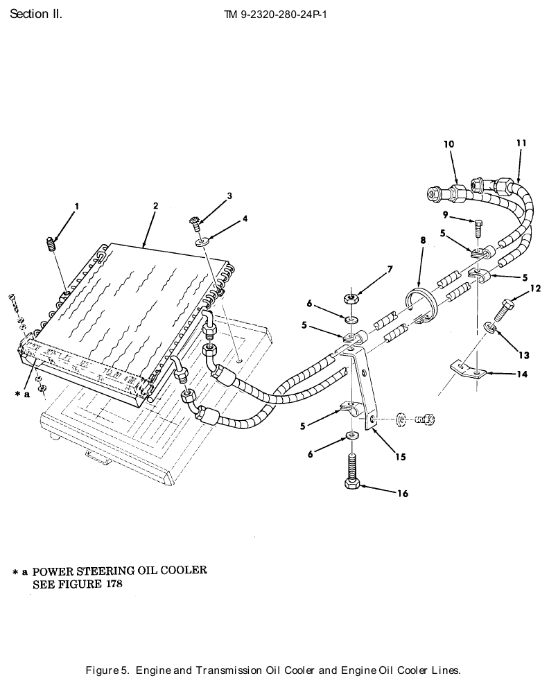 TM 9-2320-280-24P figure 5, Engine and Transmission Oil Cooler and Engine Oil Cooler Lines: exploded drawing with item numbers