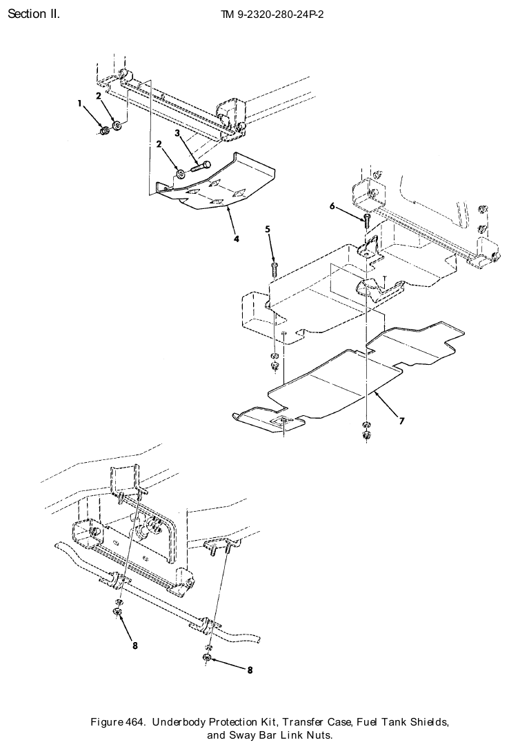 TM 9-2320-280-24P figure 464, Underbody Protection Kit, Transfer Case, Fuel Tank Shields, and Sway Bar Link Nuts: exploded drawing with item numbers