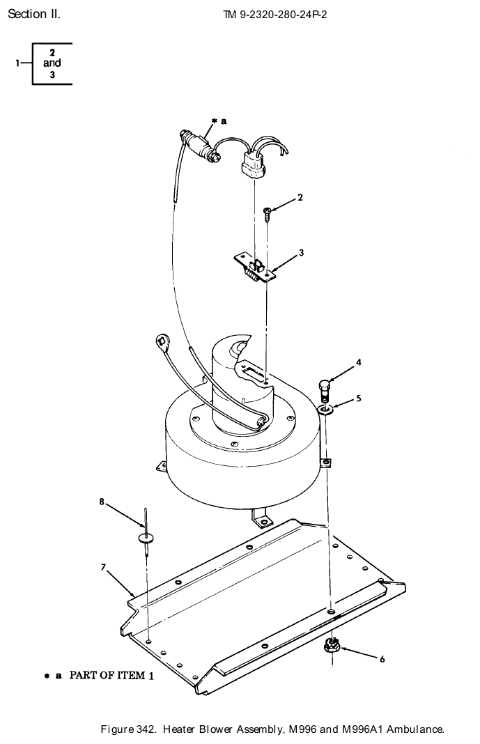 TM 9-2320-280-24P figure 342, Heater Blower Assembly, M996 and M996A1 Ambulance: exploded drawing with item numbers