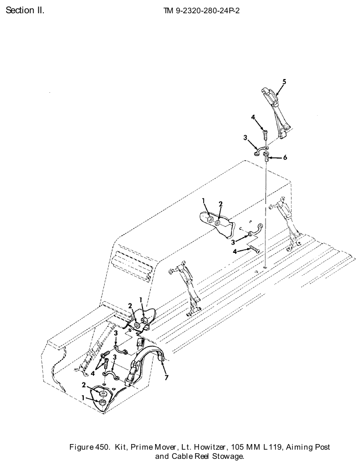 TM 9-2320-280-24P figure 450, Kit, Prime Mover, Lt. Howitzer, 105 MM L119, Aiming Post and Cable Reel Stowage: exploded drawing with item numbers
