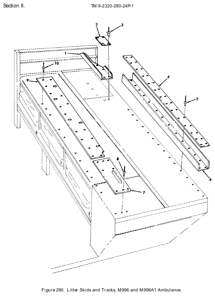 TM 9-2320-280-24P figure 290, Litter Skids and Tracks, M996 and M996A1 Ambulance: exploded drawing with item numbers
