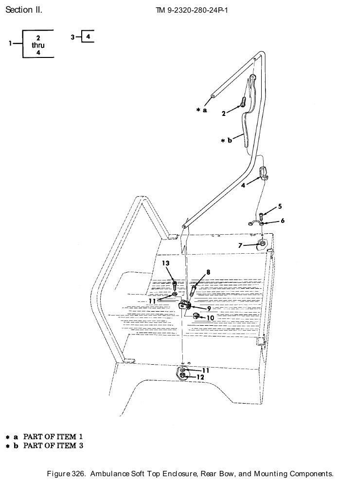 TM 9-2320-280-24P figure 326, Ambulance Soft Top Enclosure, Rear Bow, and Mounting Components: exploded drawing with item numbers